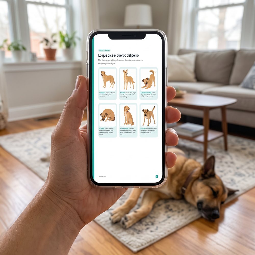 La lámina del cuerpo del perro de la guía abierta en el celular, con el perro descansando en el living