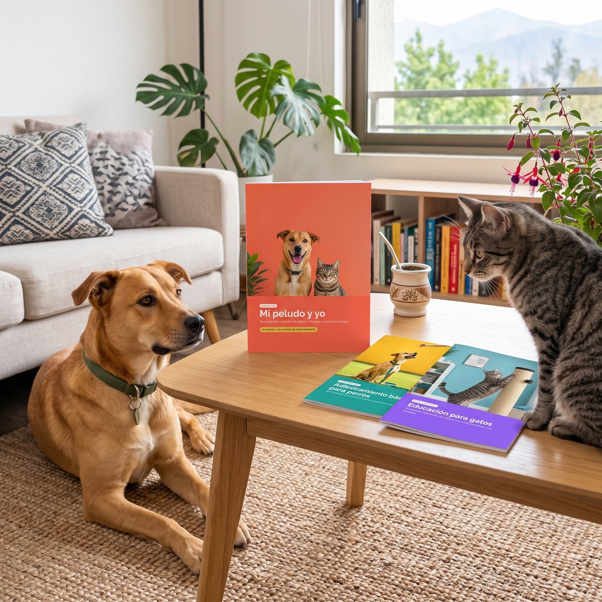 Guía Mi peludo y yo impresa sobre la mesa del living, con los dos bonos de adiestramiento, un perro y un gato
